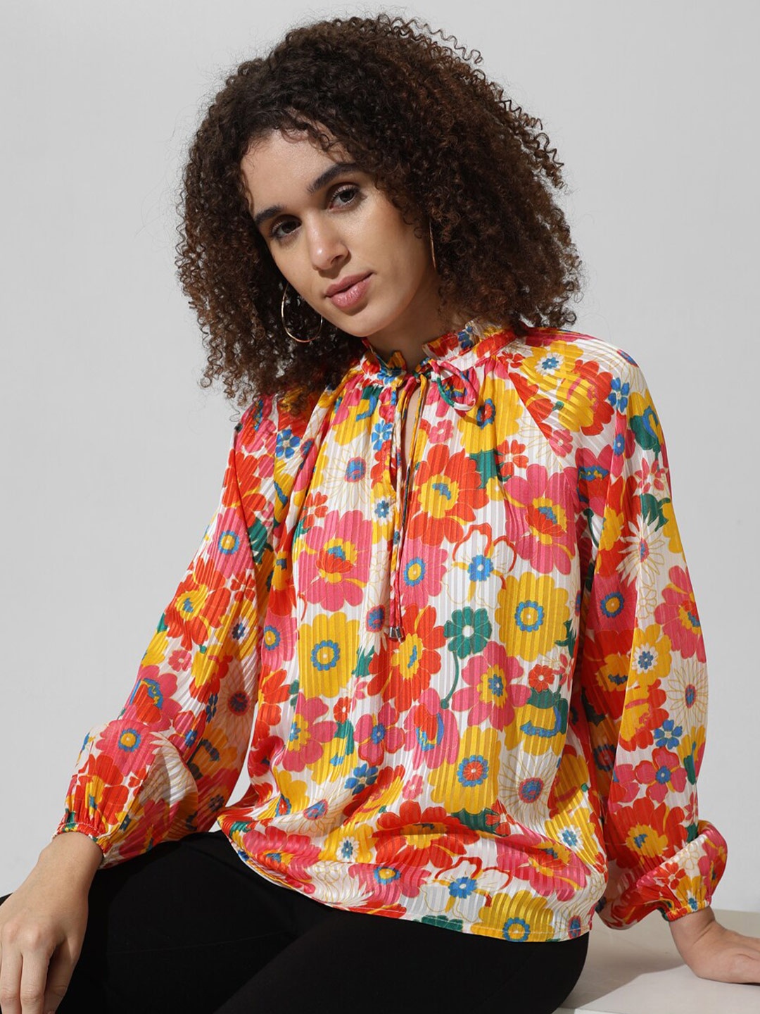 

ONLY Self Design Floral Printed Tie Up Neck Long Sleeves Top, White