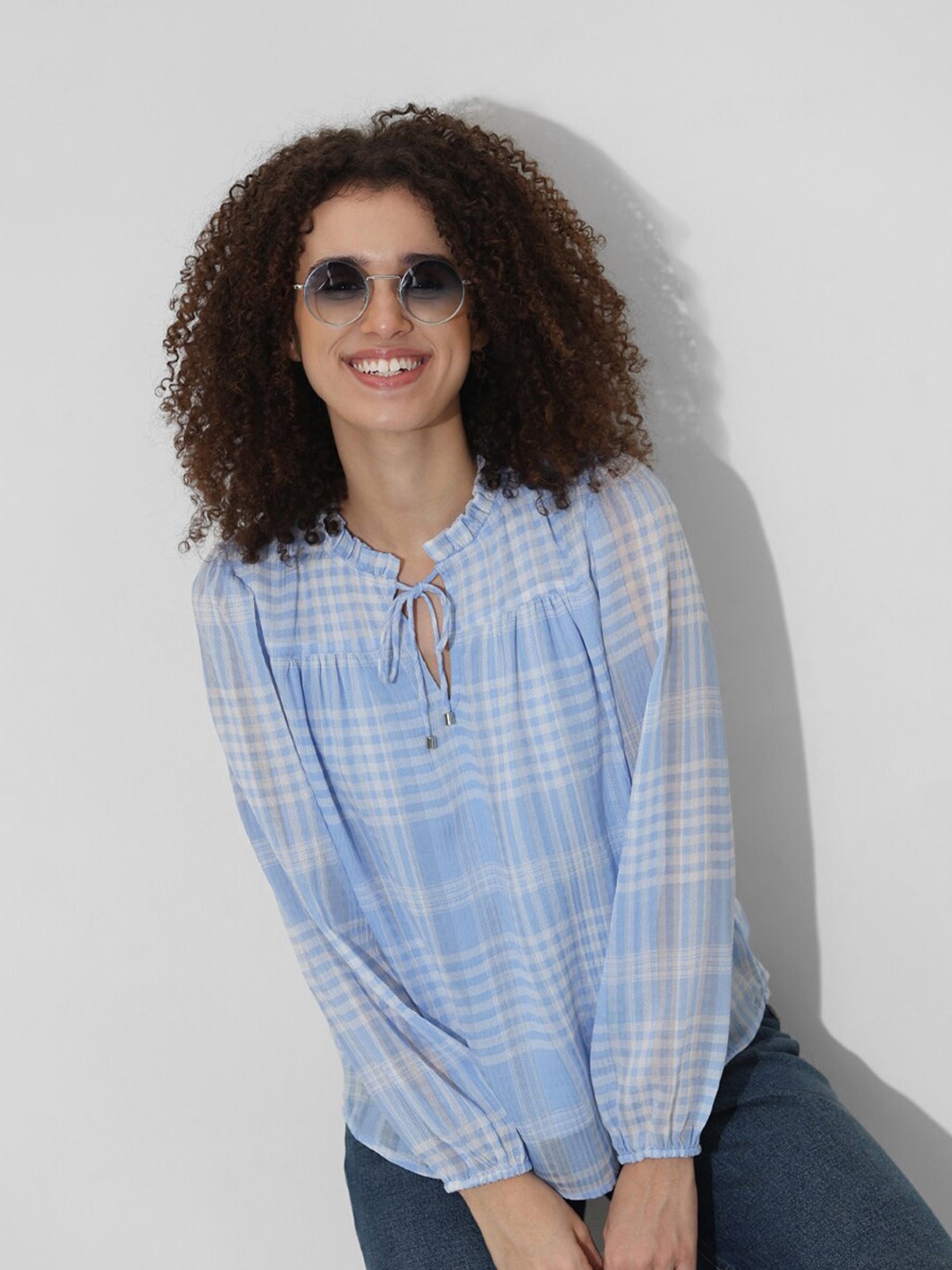 

ONLY Checked Tie-Up Neck Regular Top, Blue