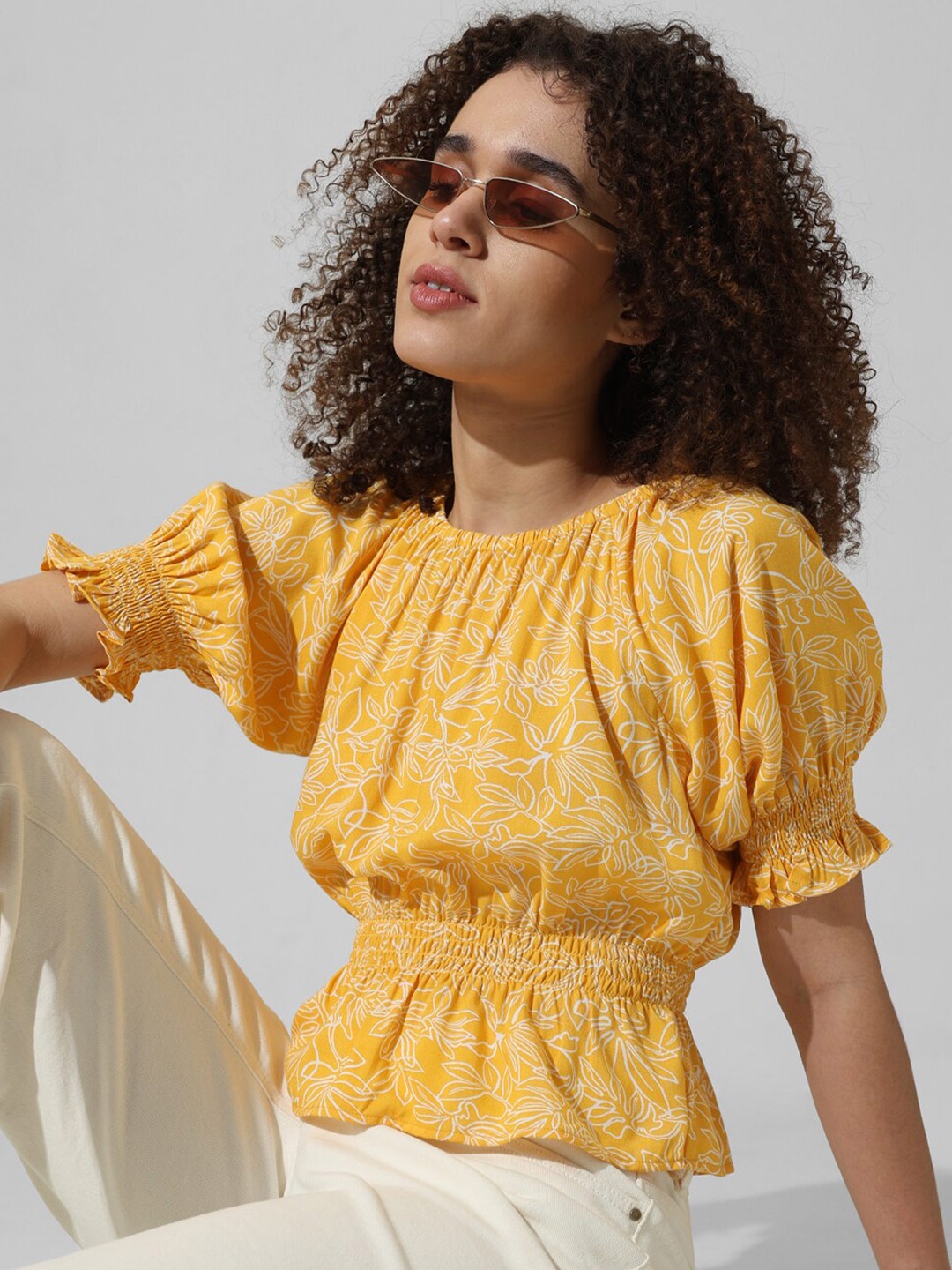 

ONLY Floral Print Puff Sleeve Cinched Waist Top, Yellow