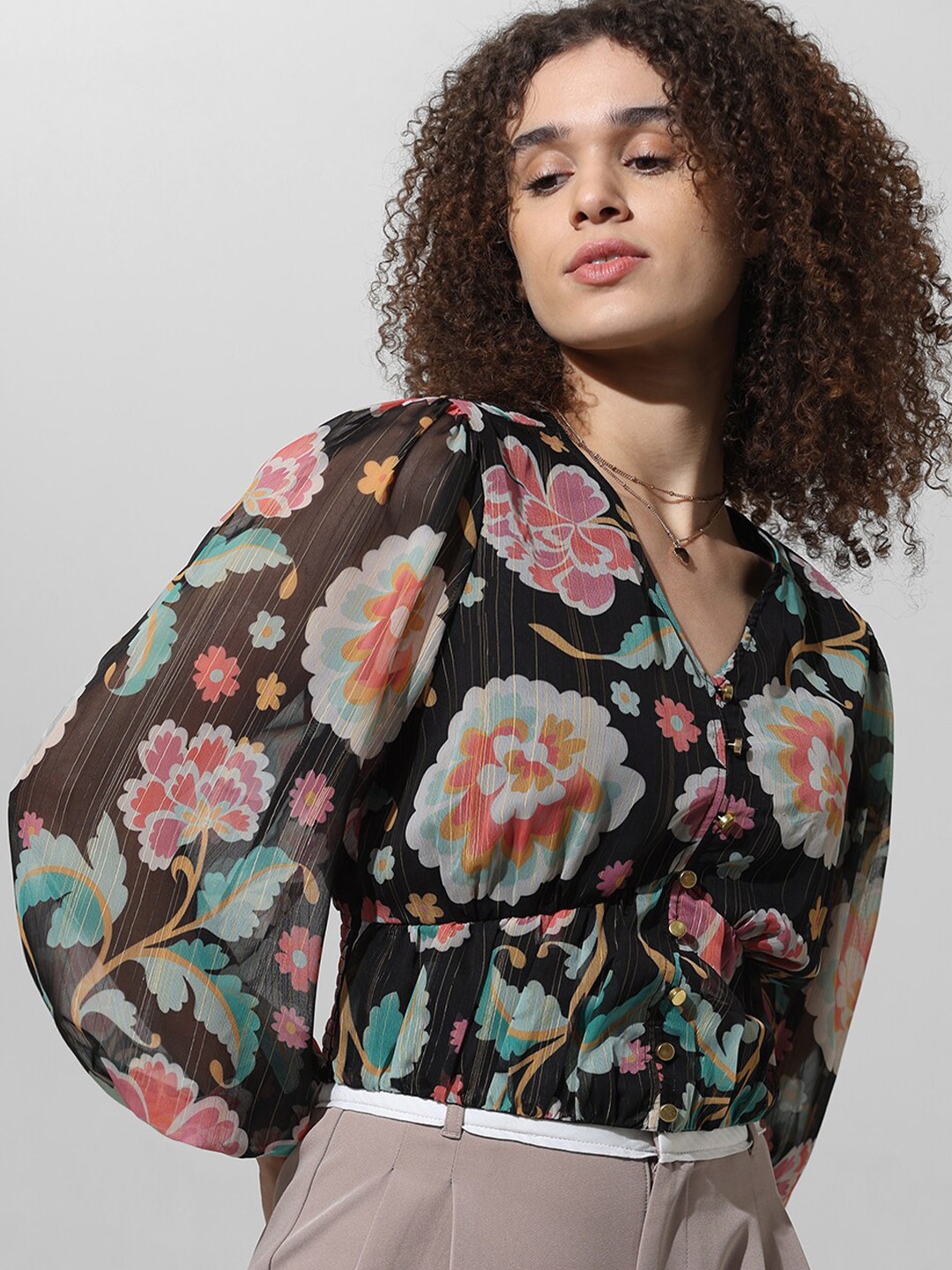 

ONLY Floral Print Tie-Up Neck Flared Sleeve Chiffon Top, Black