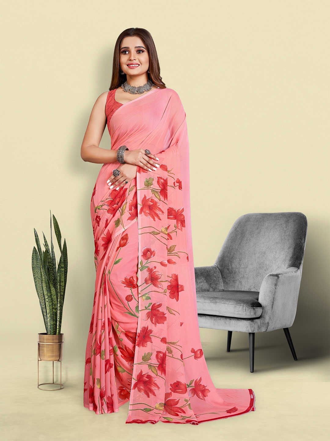 

bansari textiles Floral Woven Design Pure Georgette Saree, Pink