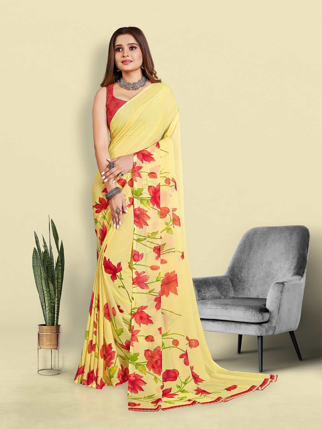 

bansari textiles Floral Woven Design Pure Georgette Saree, Yellow