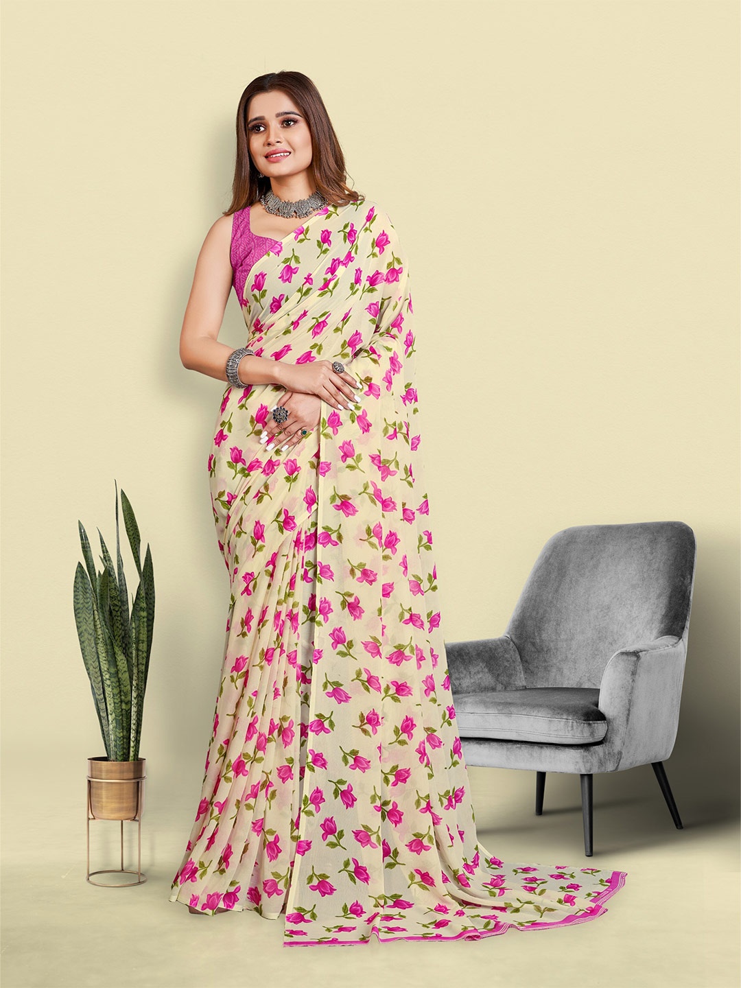 

bansari textiles Floral Woven Design Pure Georgette Block Print Saree, Pink