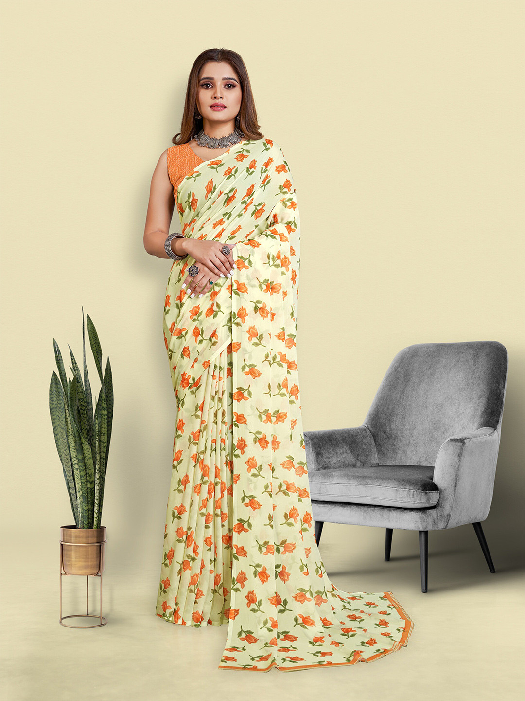 

bansari textiles Floral Woven Design Pure Georgette Saree, Mustard