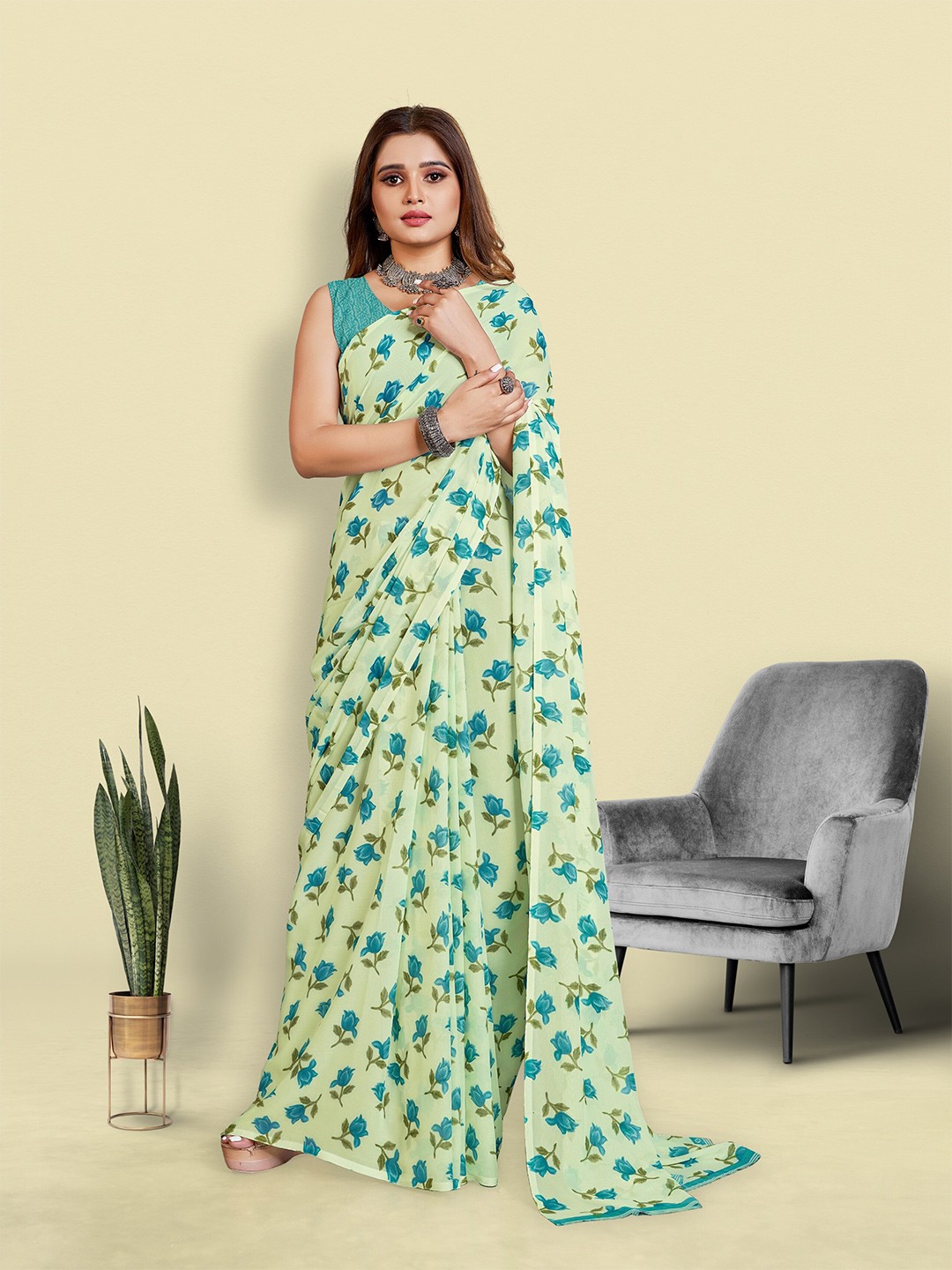 

bansari textiles Floral Woven Design Pure Georgette Block Print Saree, Turquoise blue
