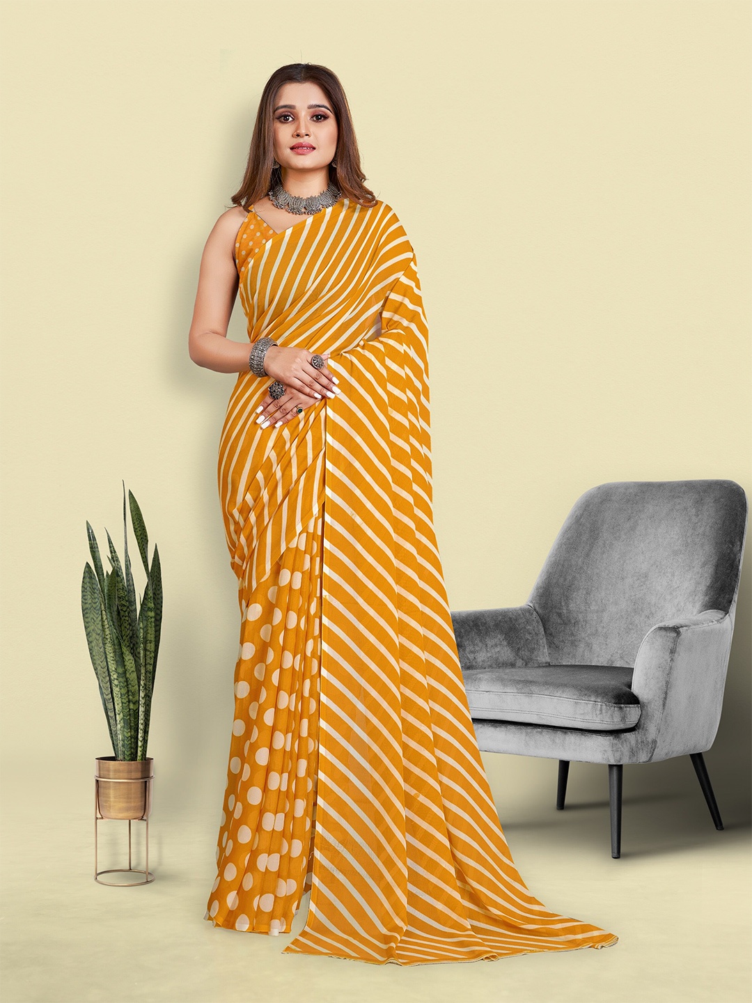 

bansari textiles Leheriya Woven Design Pure Georgette Saree, Yellow