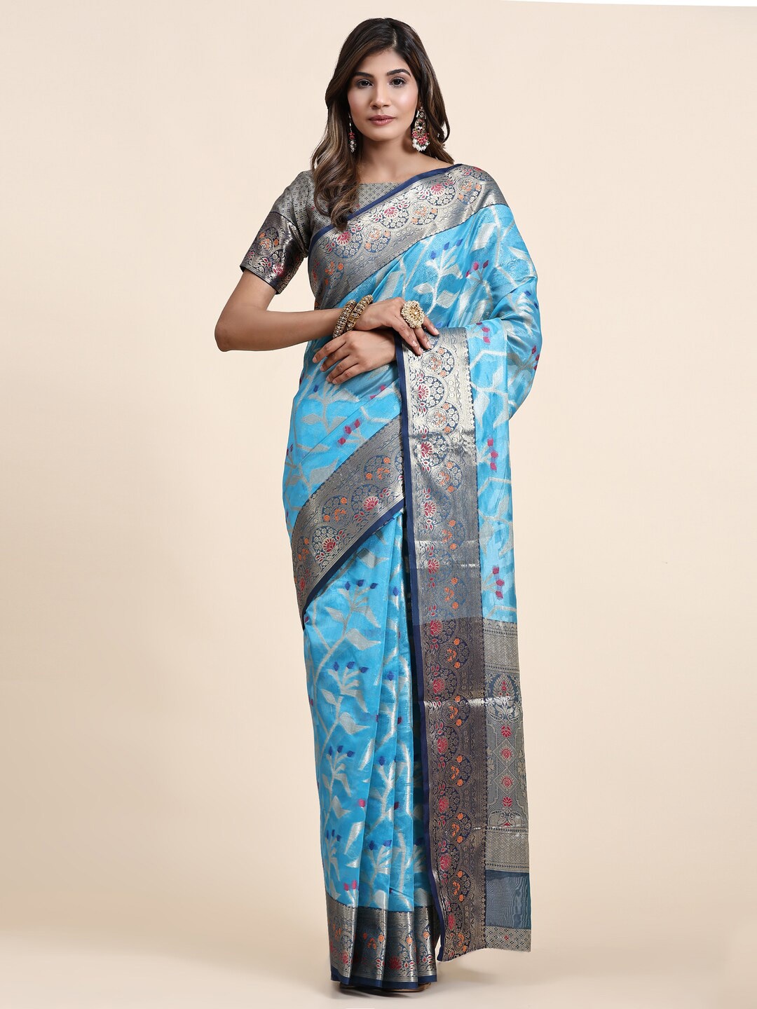 

KAPADIYA FAB Ethnic Motifs Woven Design Organza Banarasi Saree, Blue