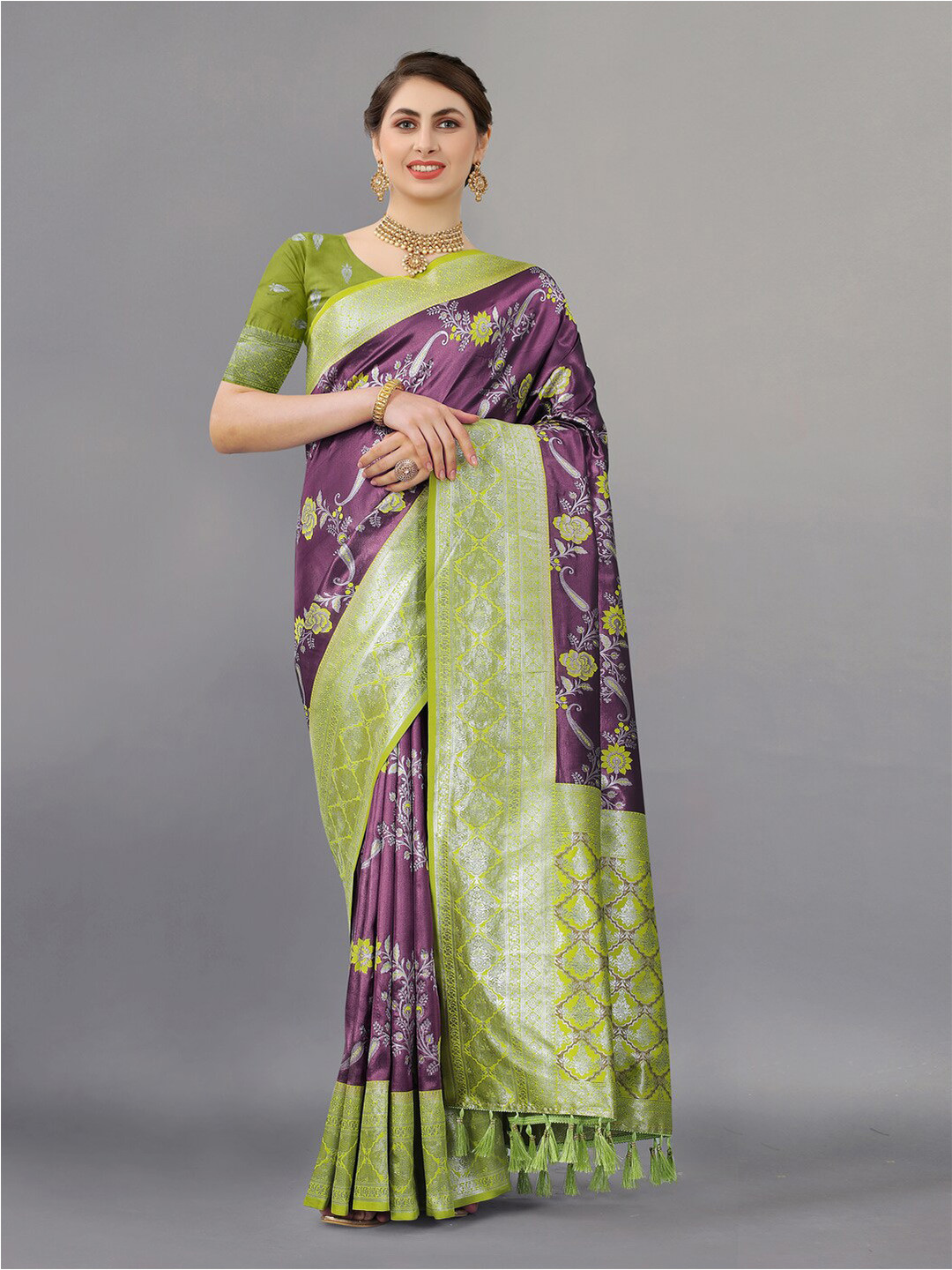 

KAPADIYA FAB Woven Design Zari Pure Silk Banarasi Saree, Purple