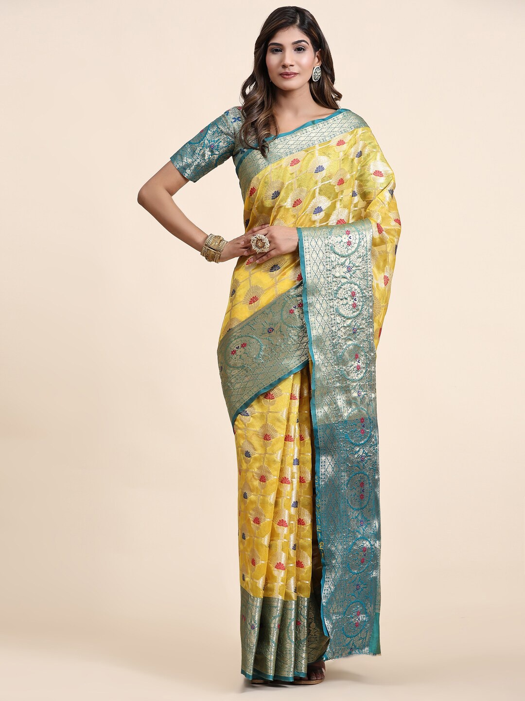 

KAPADIYA FAB Ethnic Motifs Zari Organza Banarasi Saree, Yellow