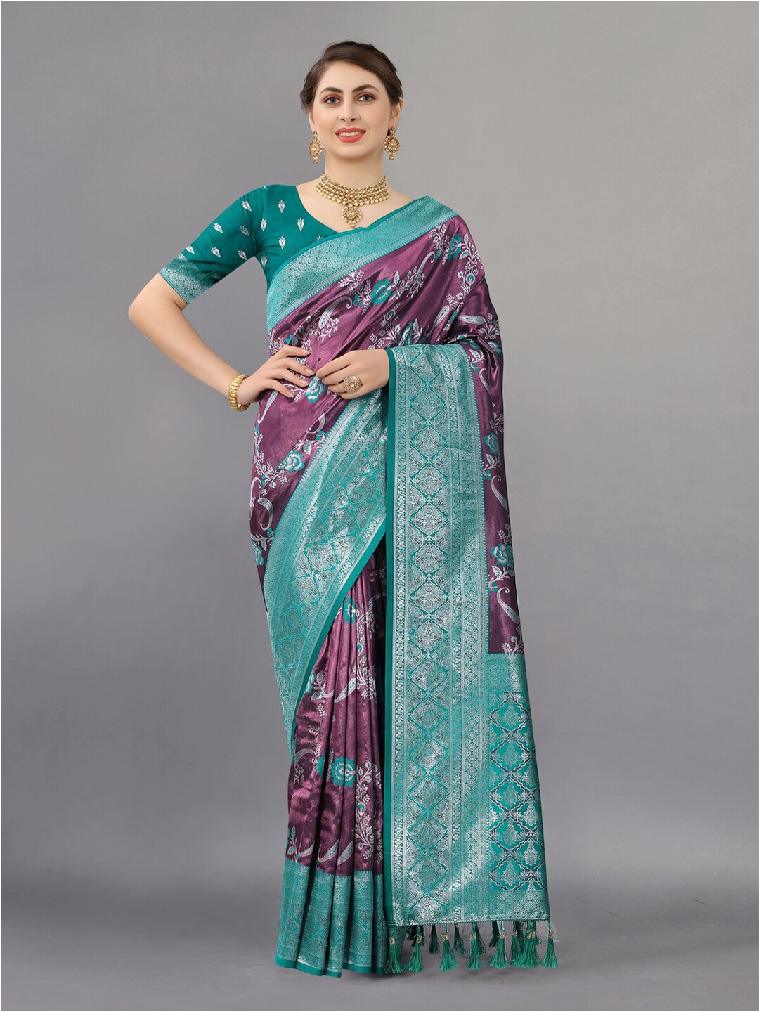 

KAPADIYA FAB Ethnic Motifs Pure Silk Banarasi Saree, Teal