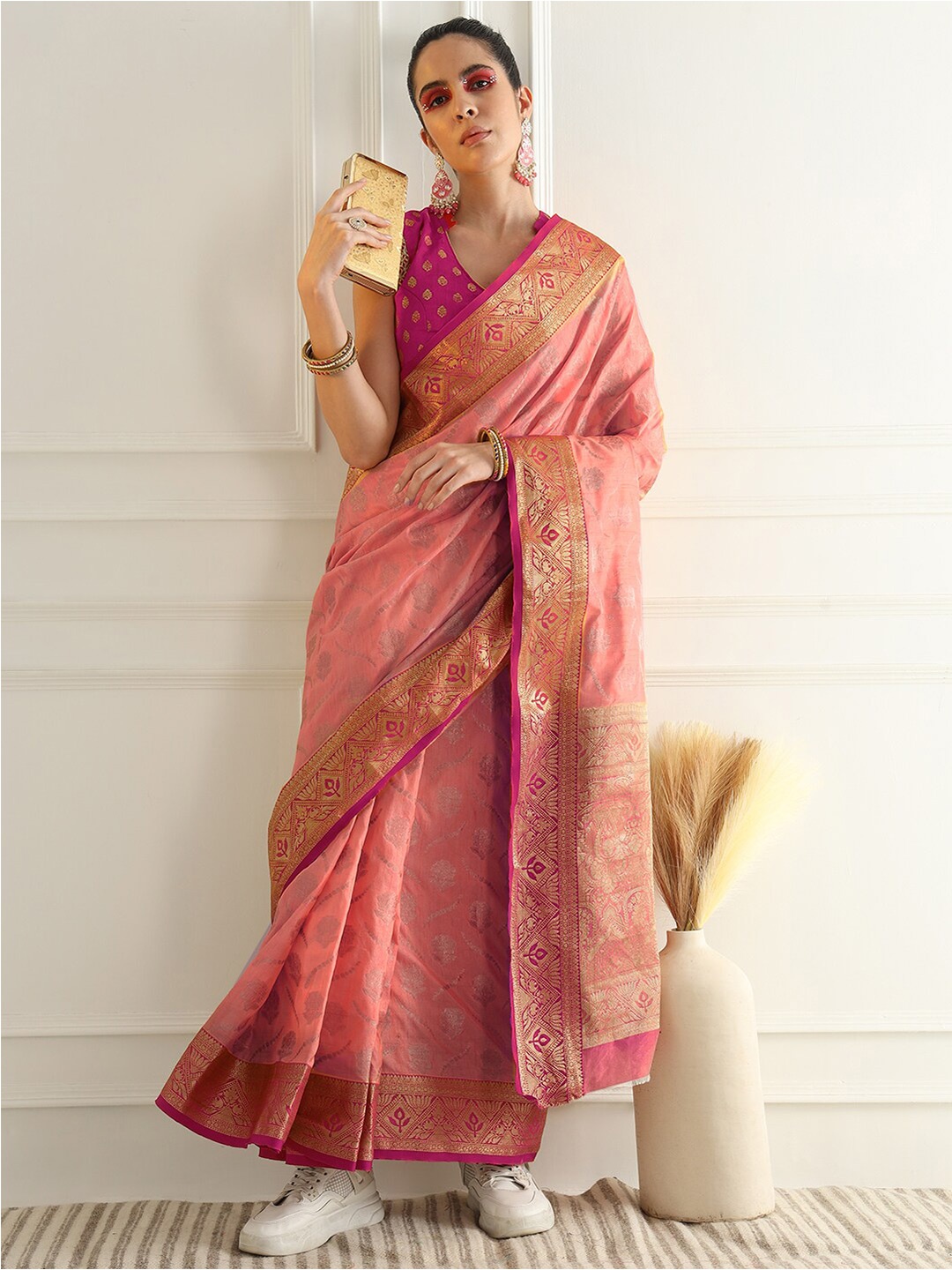 

Chhabra 555 Ethnic Motifs Woven Design Zari Banarasi Saree, Pink