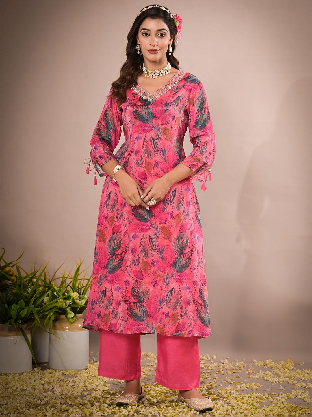 

Advya Tropical Printed Zari V-Neck Ethnic Kurta With Trousers & Dupatta, Pink