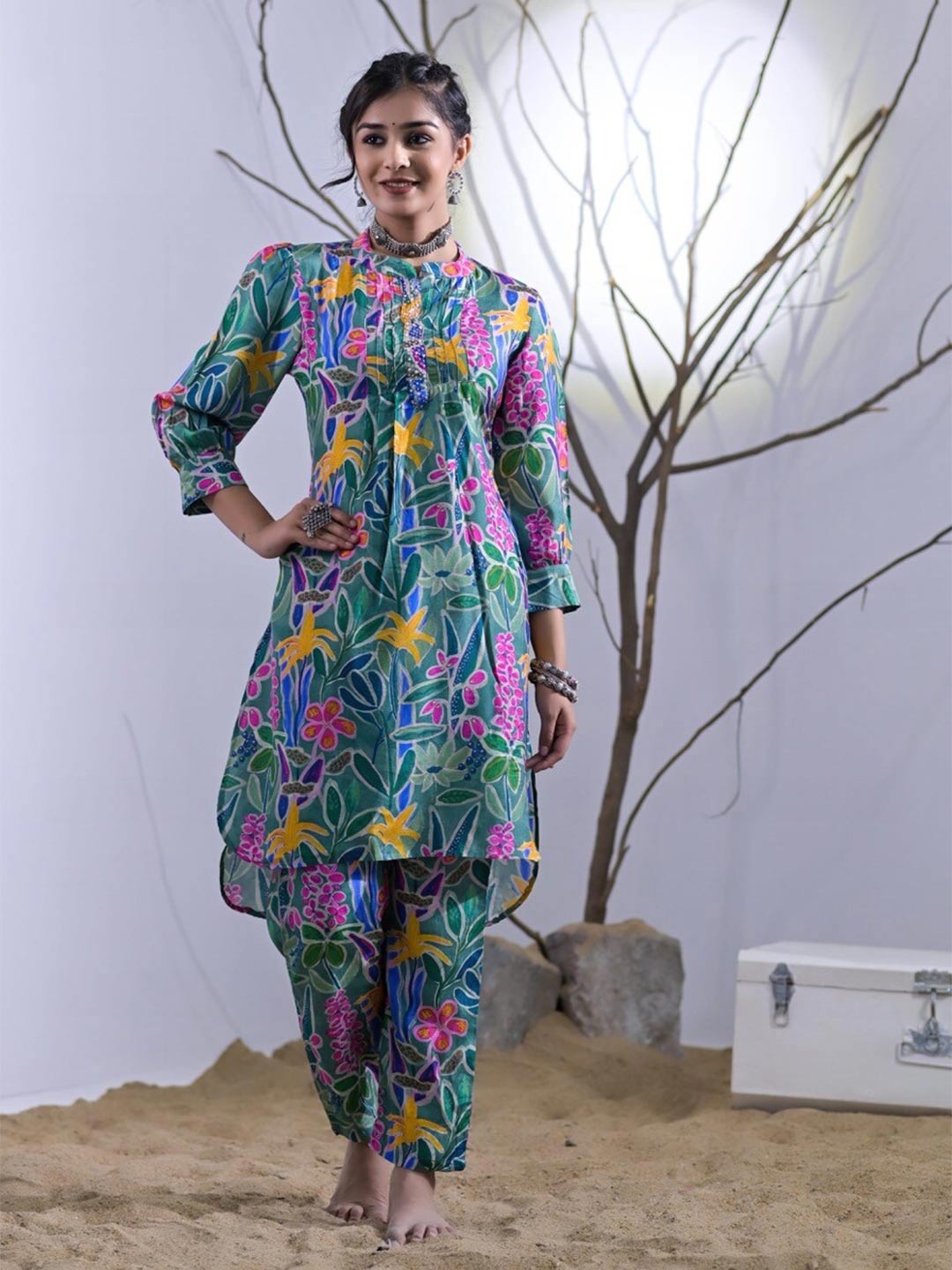 

Advya Floral Printed Cotton Tunic With Trouser, Green