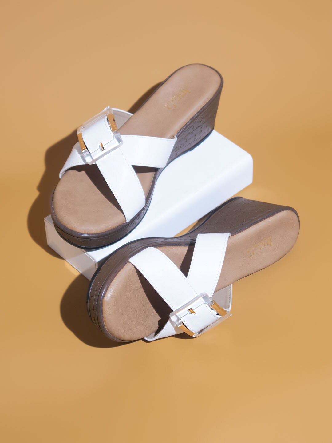 

Inc 5 Buckle Embellished Open Toe Wedge Heels, White
