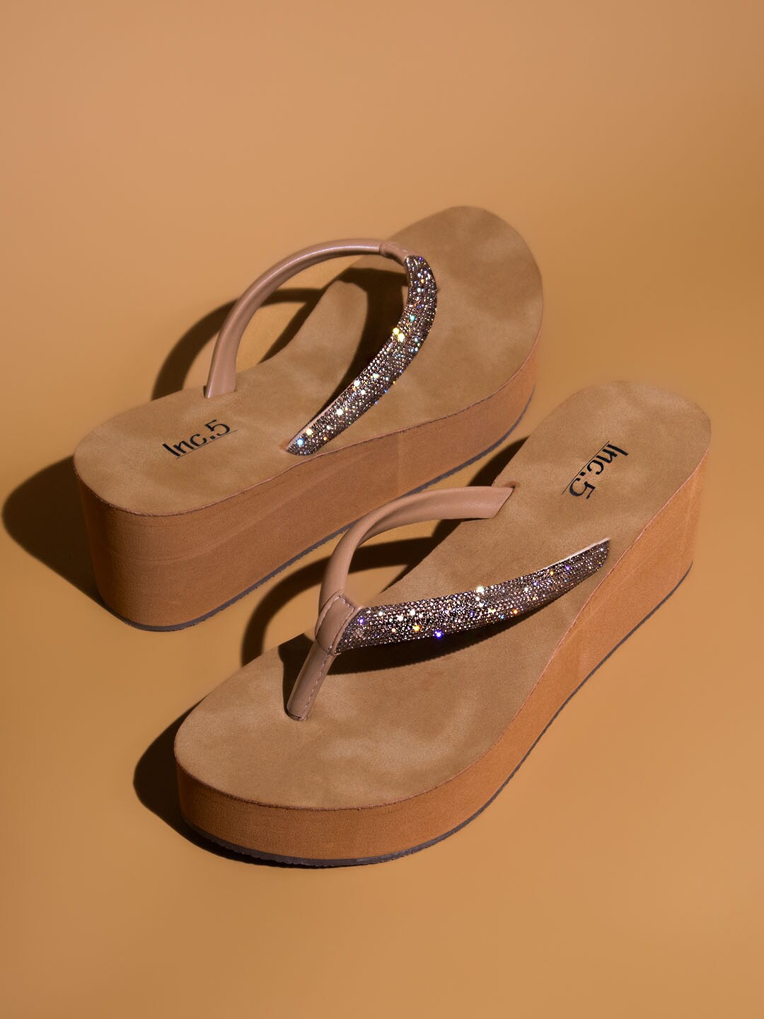 

Inc 5 Embellished Open Toe Wedge Heels, Beige