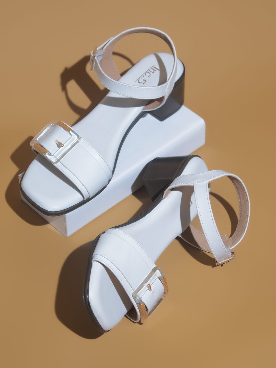 

Inc 5 Buckle Embellished Open Toe Block Heels, White