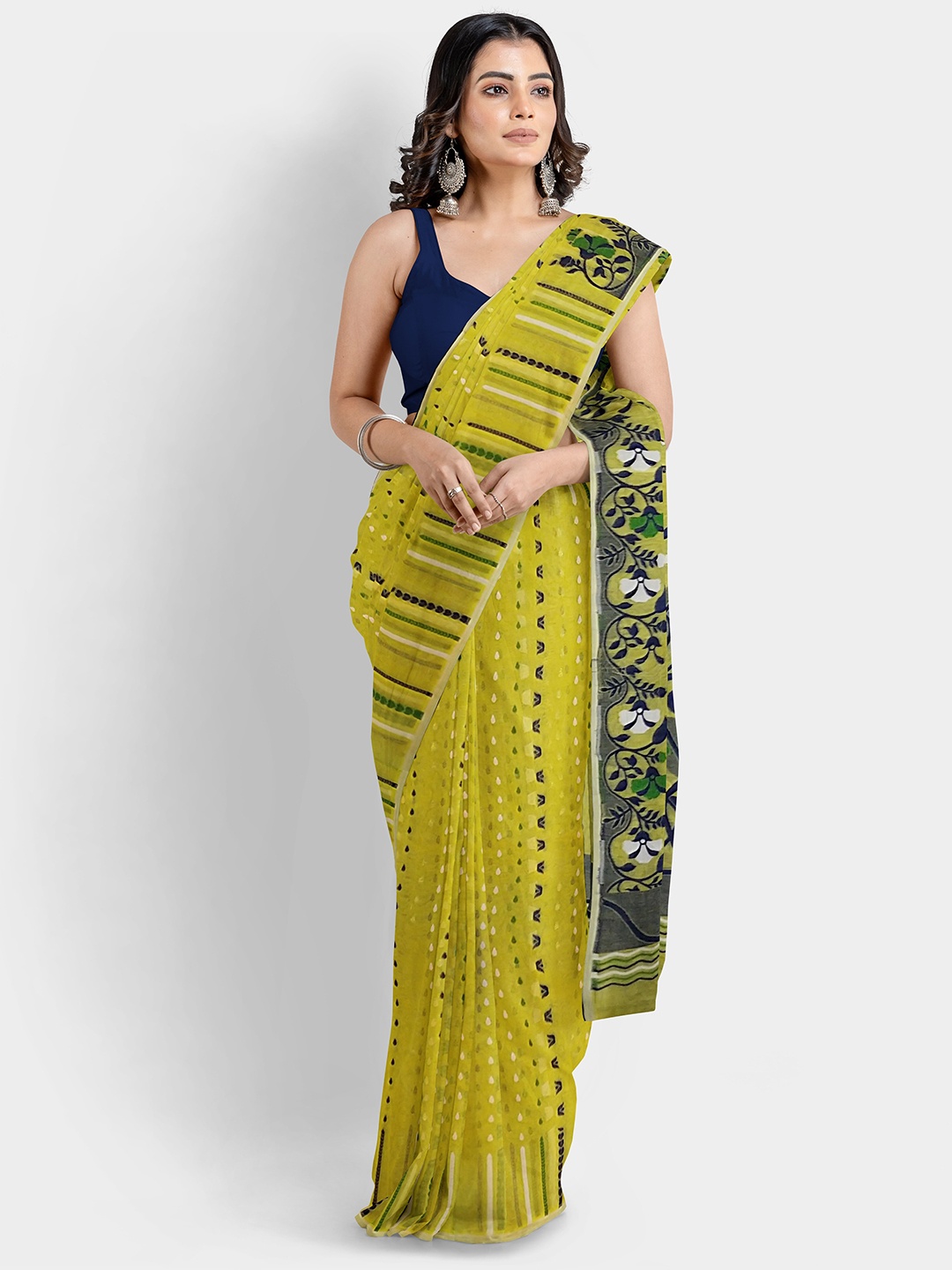 

WoodenTant Ethnic Motifs Woven Design Silk Cotton Jamdani Saree, Lime green