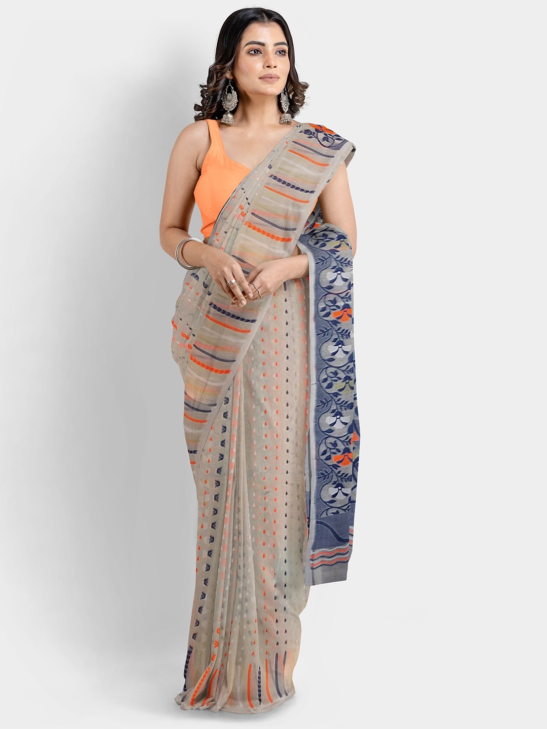 

WoodenTant Ethnic Motifs Woven Design Silk Cotton Jamdani Saree, Off white
