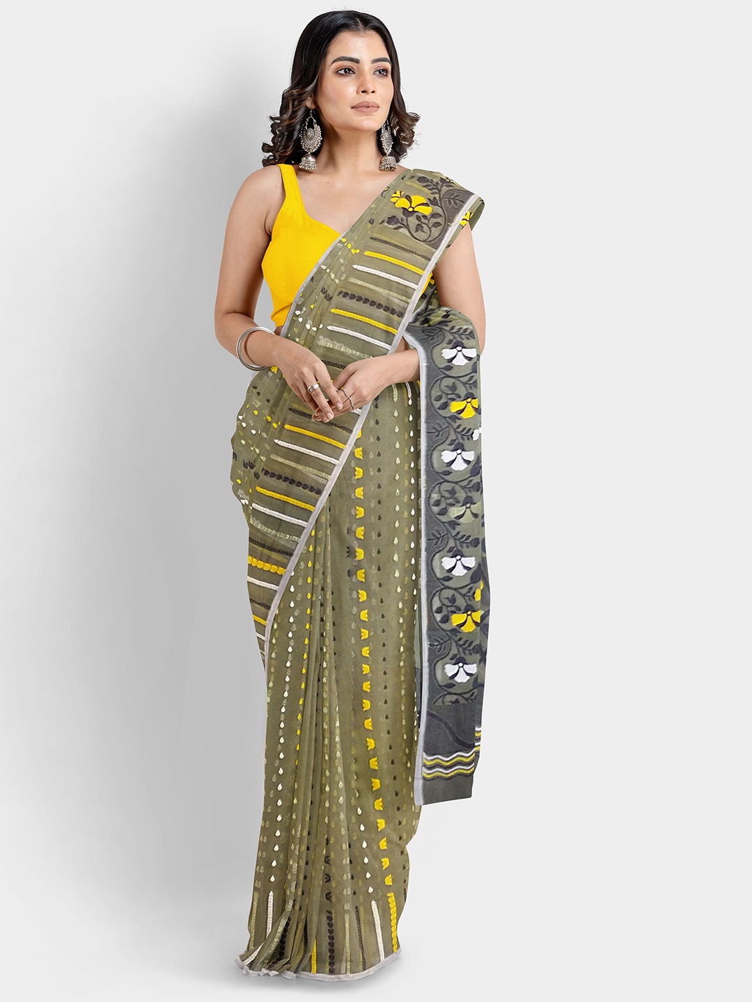 

WoodenTant Ethnic Motifs Woven Design Silk Cotton Jamdani Saree, Olive