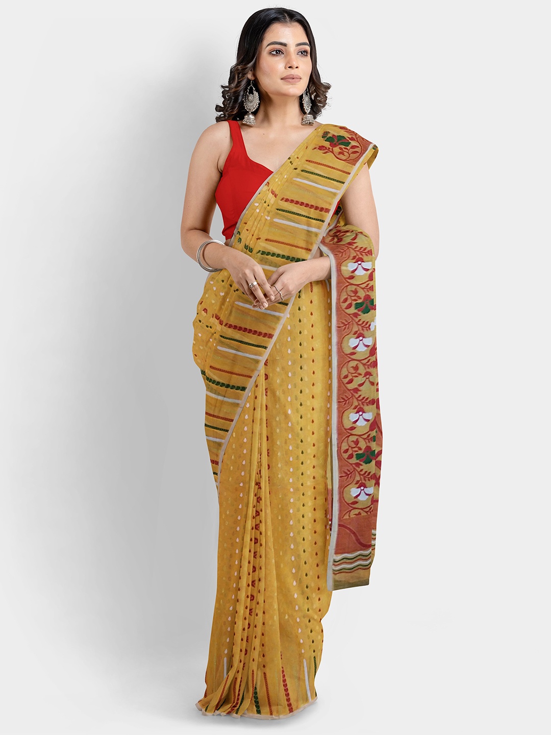 

WoodenTant Ethnic Motifs Woven Design Silk Cotton Jamdani Saree, Yellow