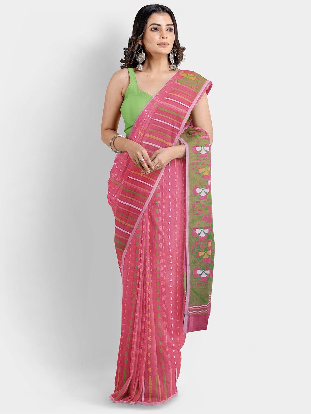 

WoodenTant Ethnic Motifs Woven Design Silk Cotton Jamdani Saree, Peach