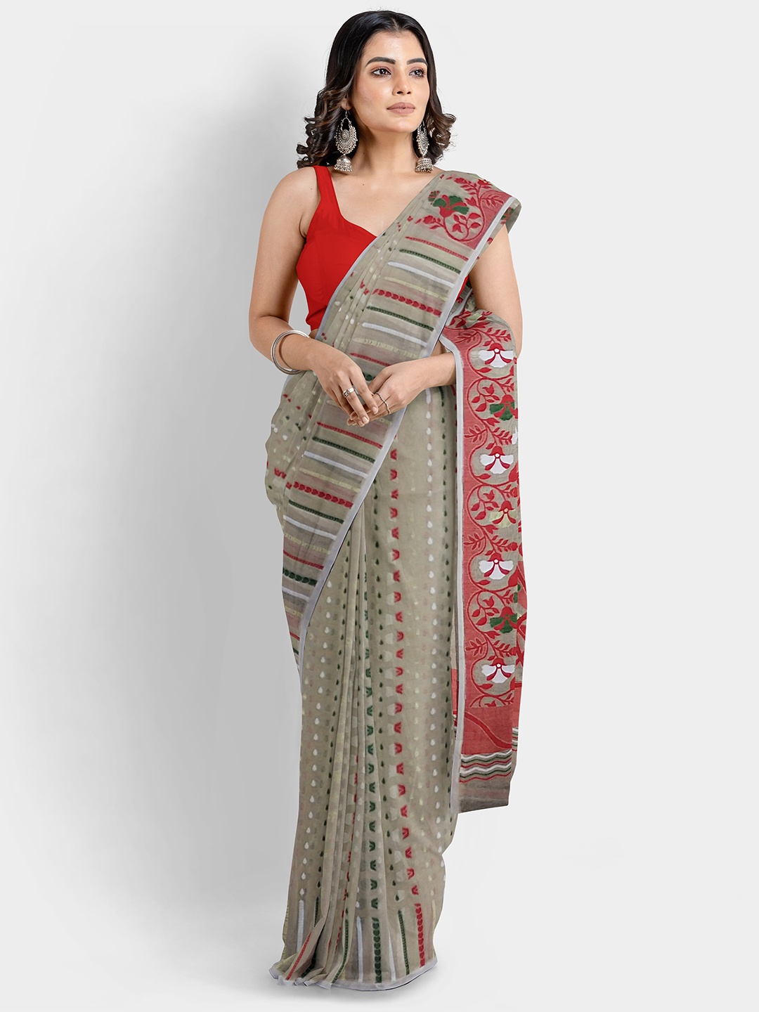 

WoodenTant Ethnic Motifs Woven Design Silk Cotton Jamdani Saree, Beige