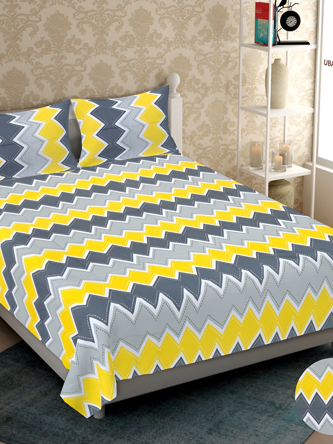 

UBANIA COLLECTION Yellow Geometric Printed 144 TC Queen Bedsheet Set