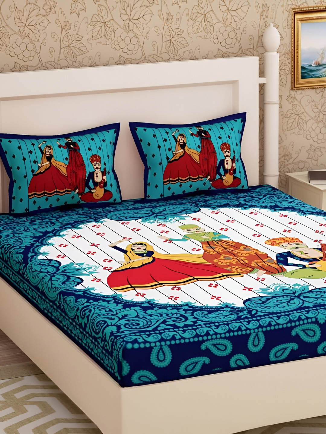 

UBANIA COLLECTION Blue Floral Cotton 144 TC Queen Bedsheet with 2 Pillow Covers