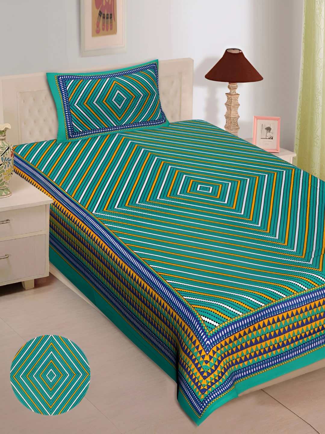 

UBANIA COLLECTION Green Geometric Cotton 144 TC Single Bedsheet with 1 Pillow Cover