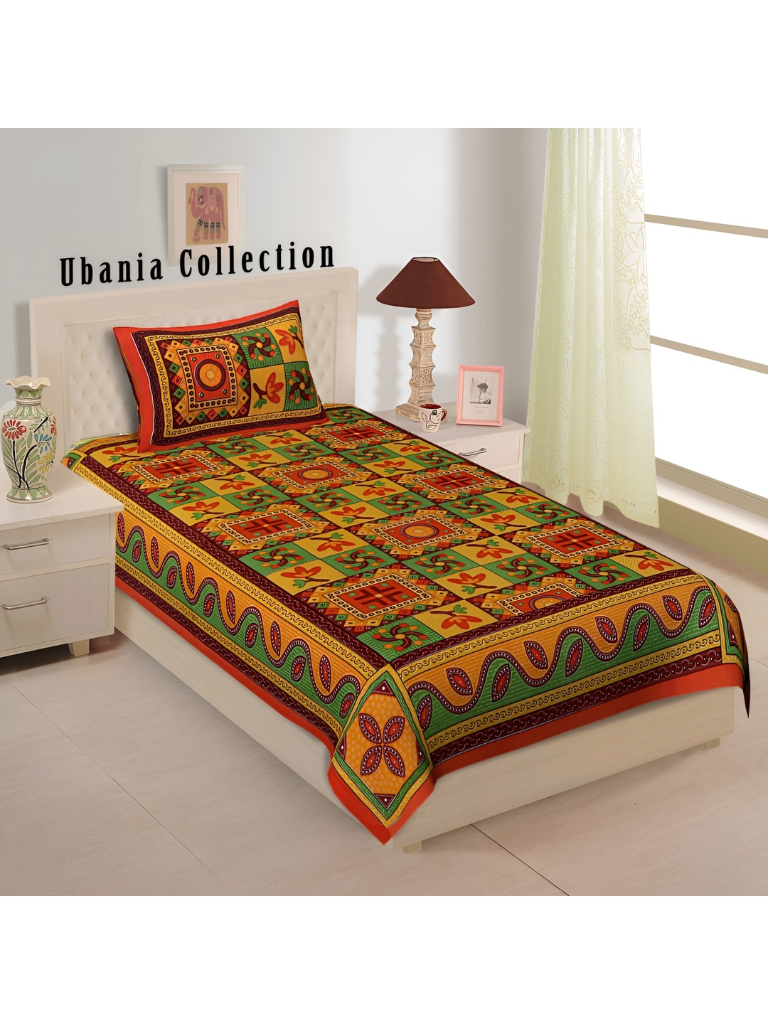 

UBANIA COLLECTION Orange & Green Printed Cotton 144 TC Single Bedsheet With Pillow Cover