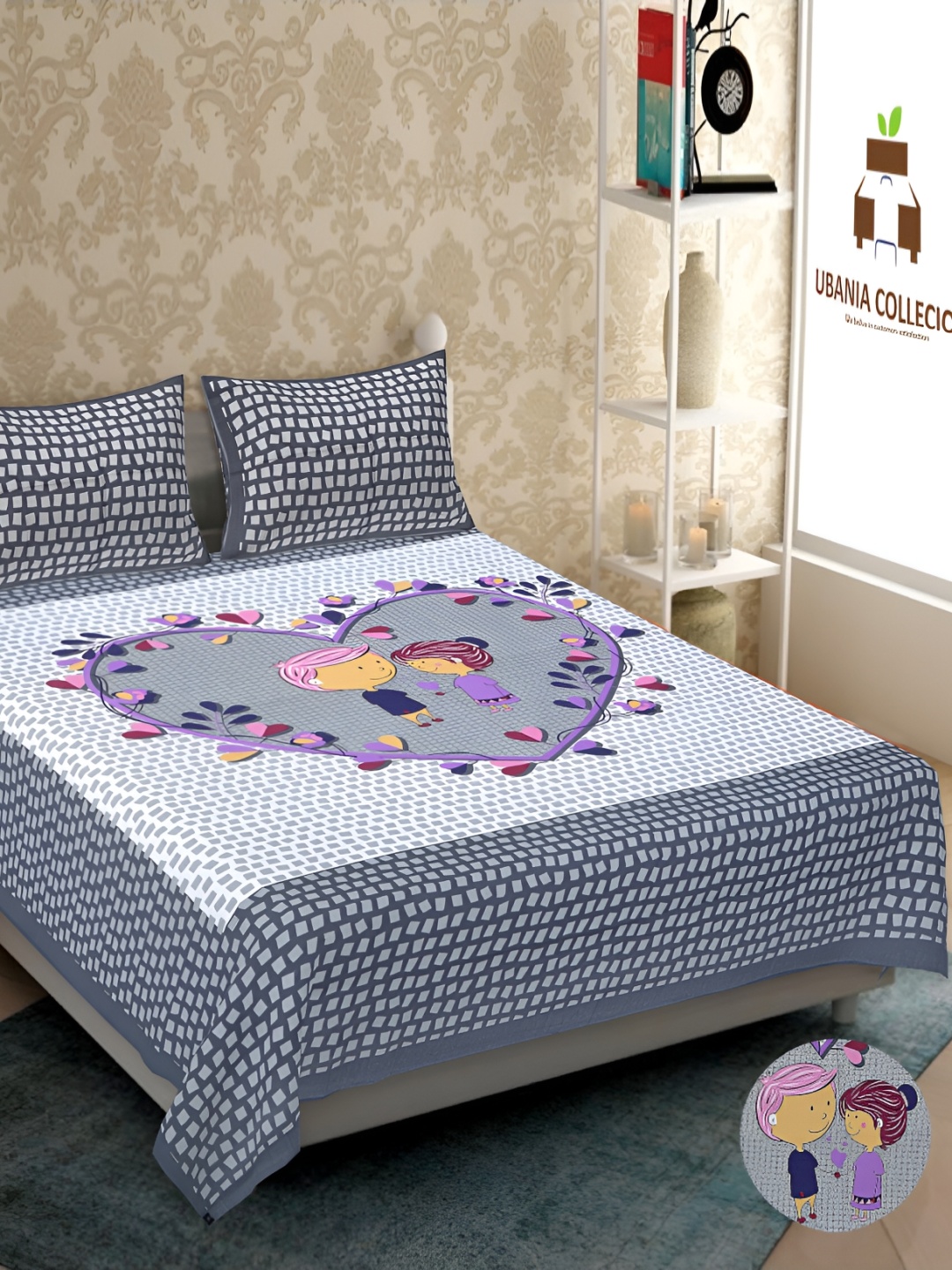 

UBANIA COLLECTION Grey & Purple Printed Cotton 144 TC Queen Bedsheet With 2 Pillow Covers