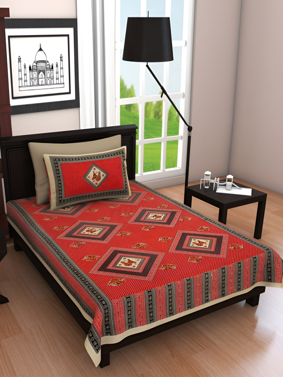 

UBANIA COLLECTION Red Geometric Cotton 144 TC Single Bedsheet with Pillow Cover