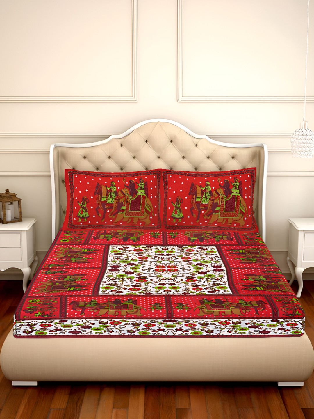 

UBANIA COLLECTION Red Floral Cotton 144 TC Queen Bedsheet with 2 Pillow Covers