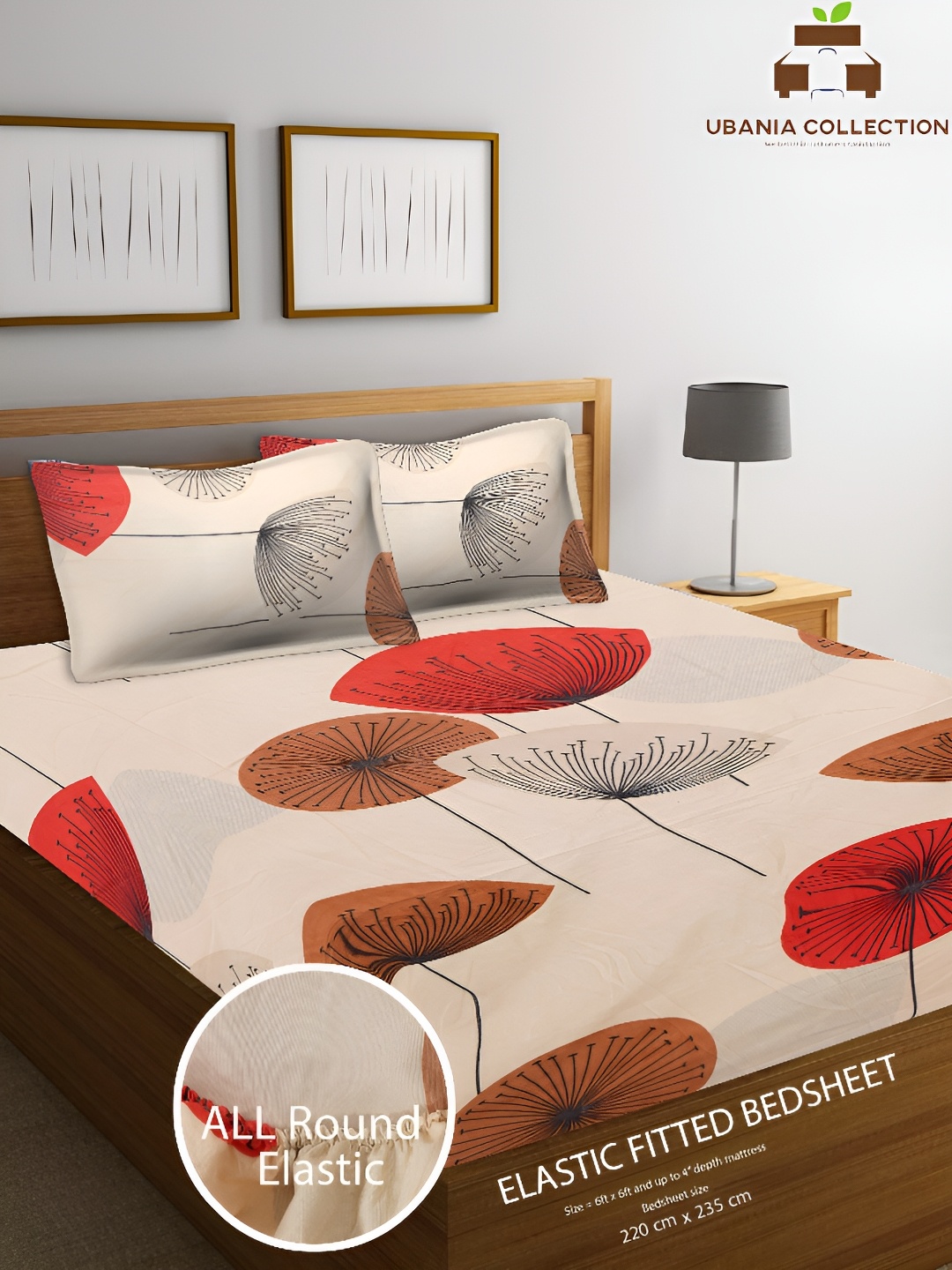 

UBANIA COLLECTION Cream & Red Floral Cotton 144 TC Queen Fitted Bedsheet & 2 Pillow Covers