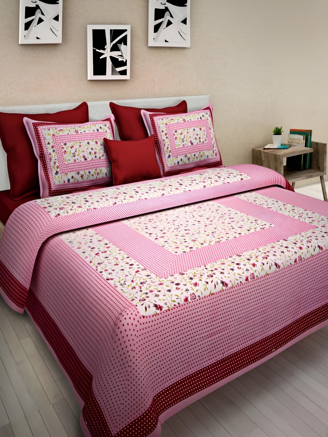 

UBANIA COLLECTION Pink Floral Cotton 144 TC Queen Bedsheet with 2 Pillow Covers