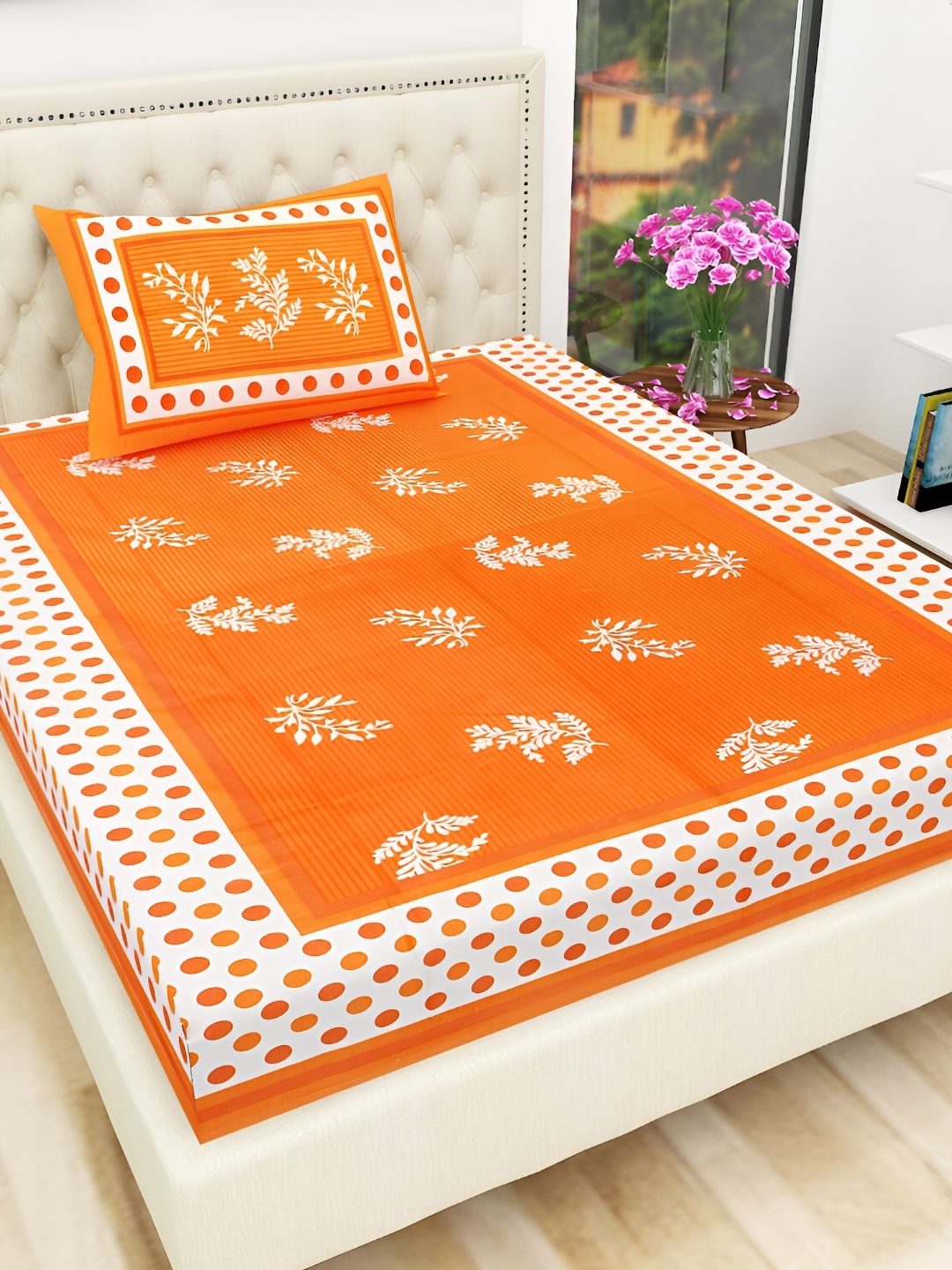 

UBANIA COLLECTION Orange Floral Cotton 144 TC Single Bedsheet with Pillow Cover