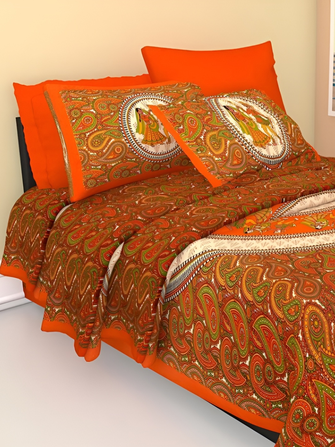 

UBANIA COLLECTION Orange & Cream Printed Cotton 144 TC Single Bedsheet With Pillow Cover