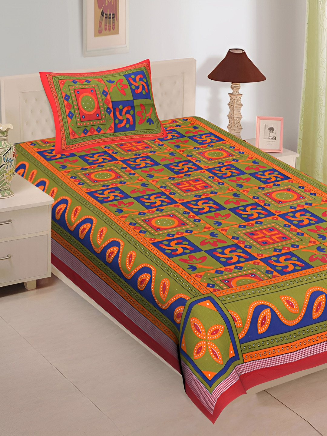 

UBANIA COLLECTION Green Geometric Cotton 144 TC Single Bedsheet with 1 Pillow Cover, Red
