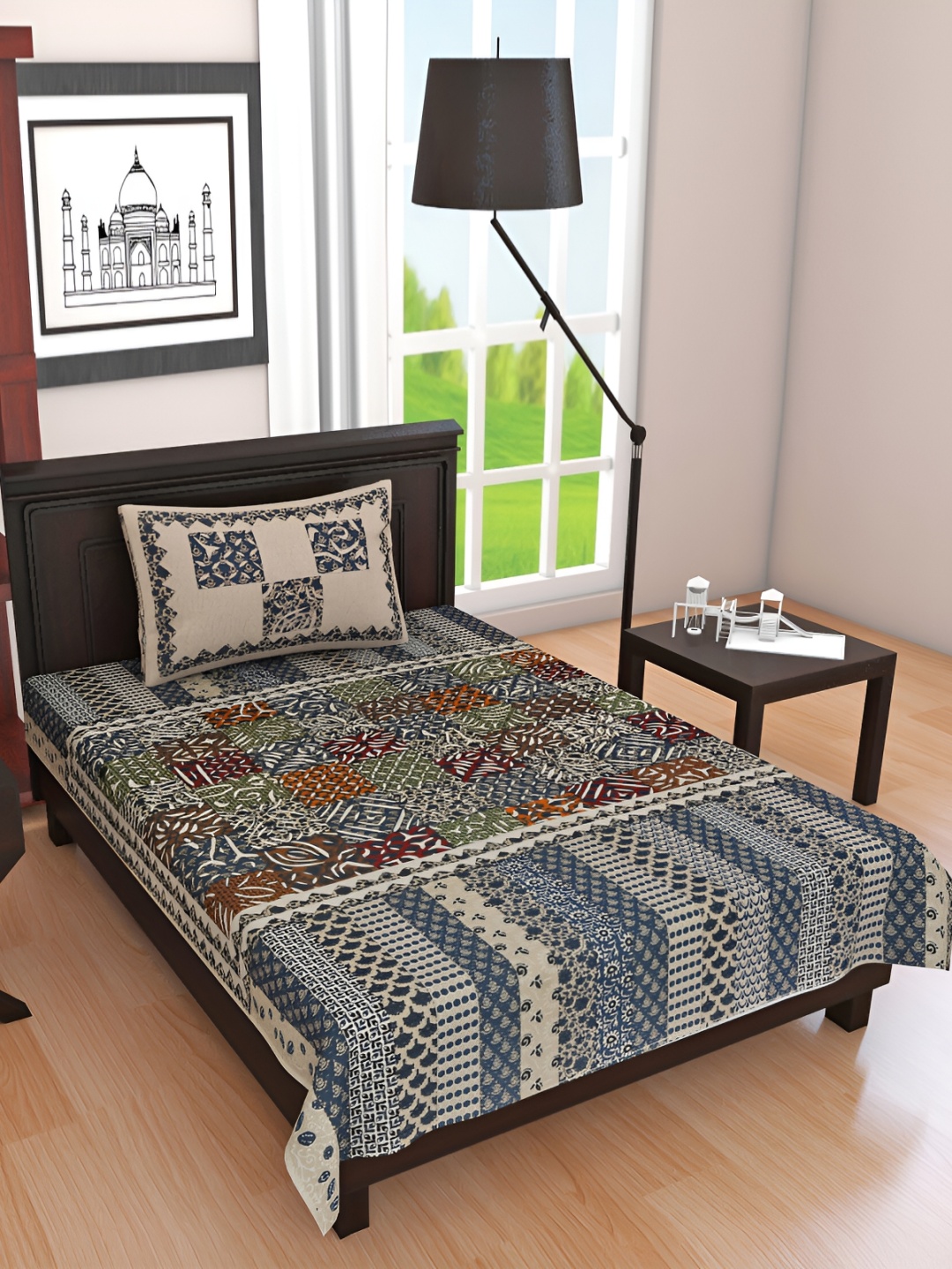 

UBANIA COLLECTION Blue & Beige Printed Cotton 144 TC Single Bedsheet With Pillow Cover