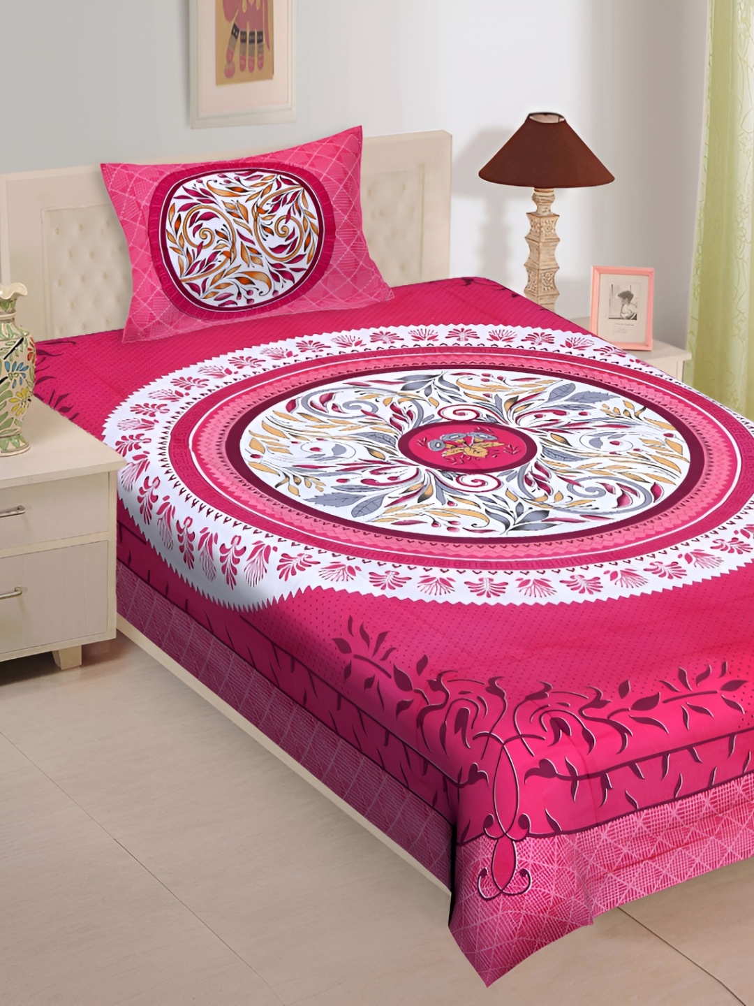 

UBANIA COLLECTION Pink Floral Cotton 144 TC Single Bedsheet with Pillow Cover