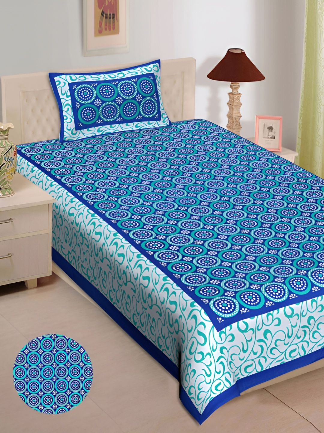 

UBANIA COLLECTION Blue Floral Cotton 144 TC Single Bedsheet with Pillow Cover