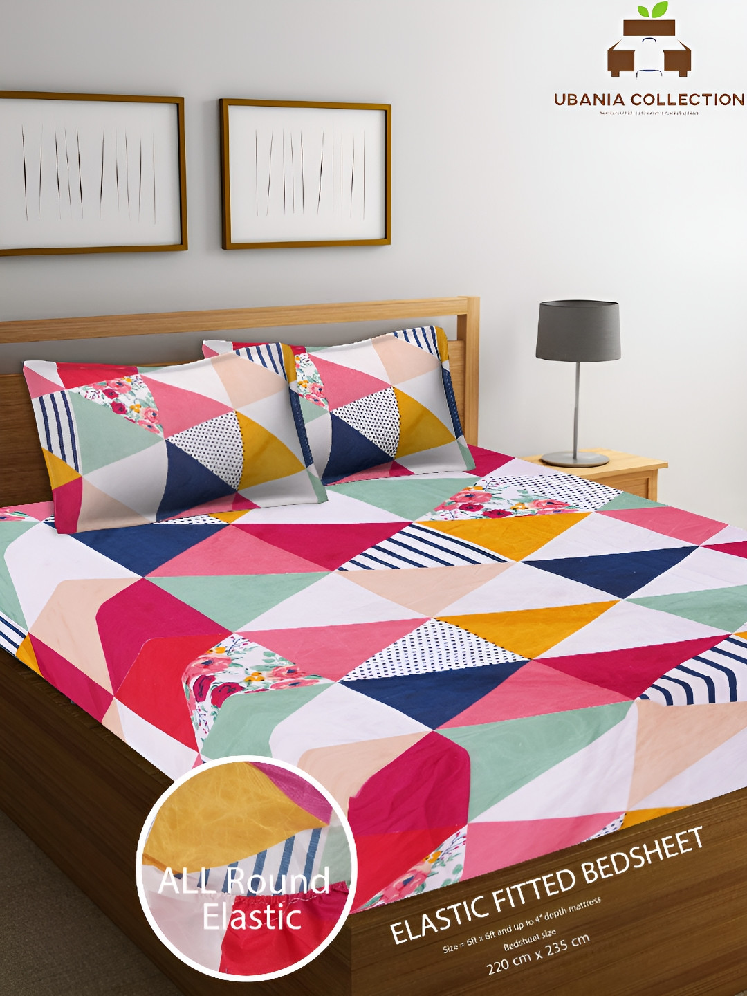 

UBANIA COLLECTION Pink Geometric Cotton 144 TC Queen Fitted Bedsheet with 2 Pillow Covers