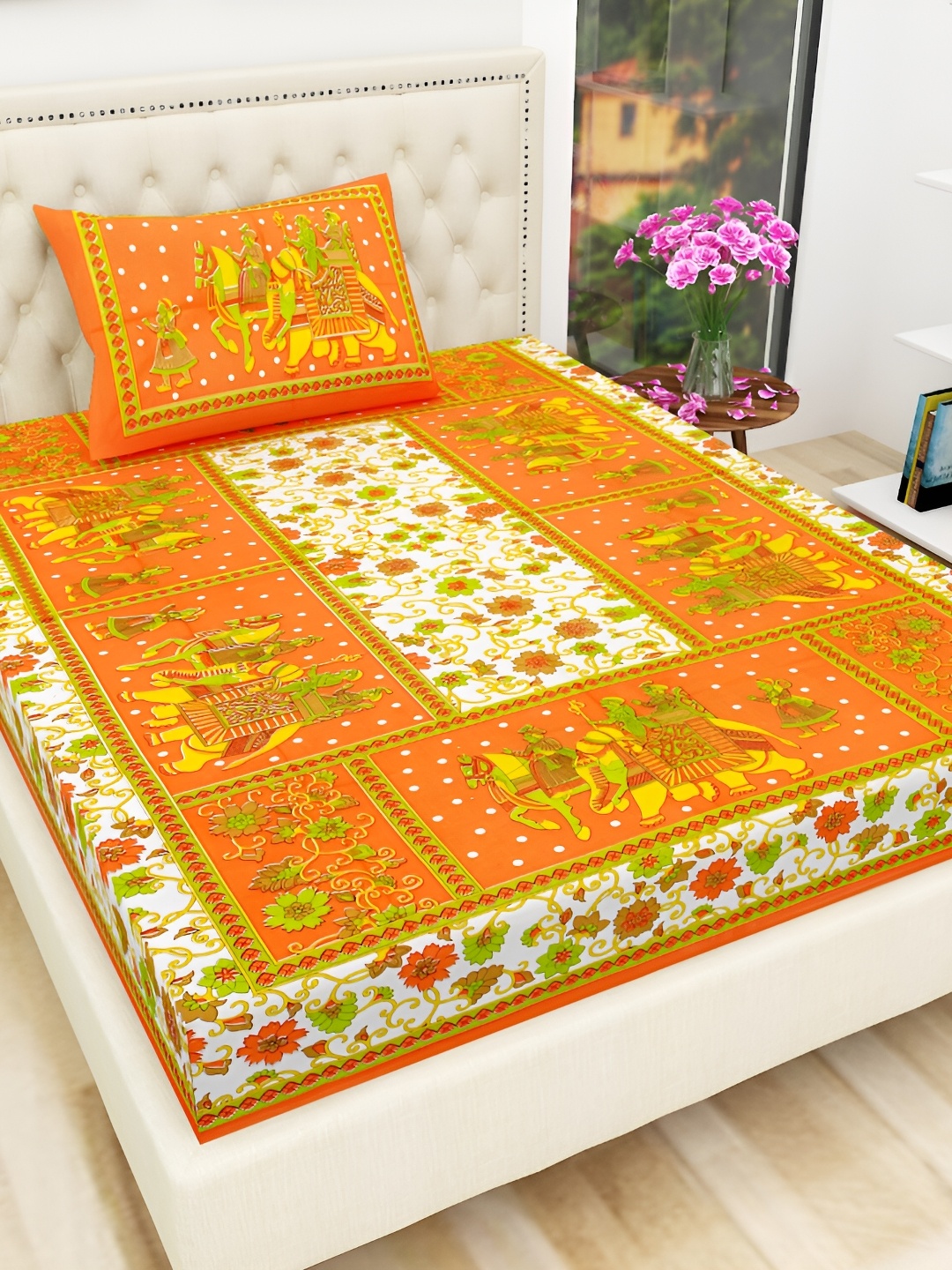 

UBANIA COLLECTION Orange Floral Cotton 144 TC Single Bedsheet with Pillow Cover