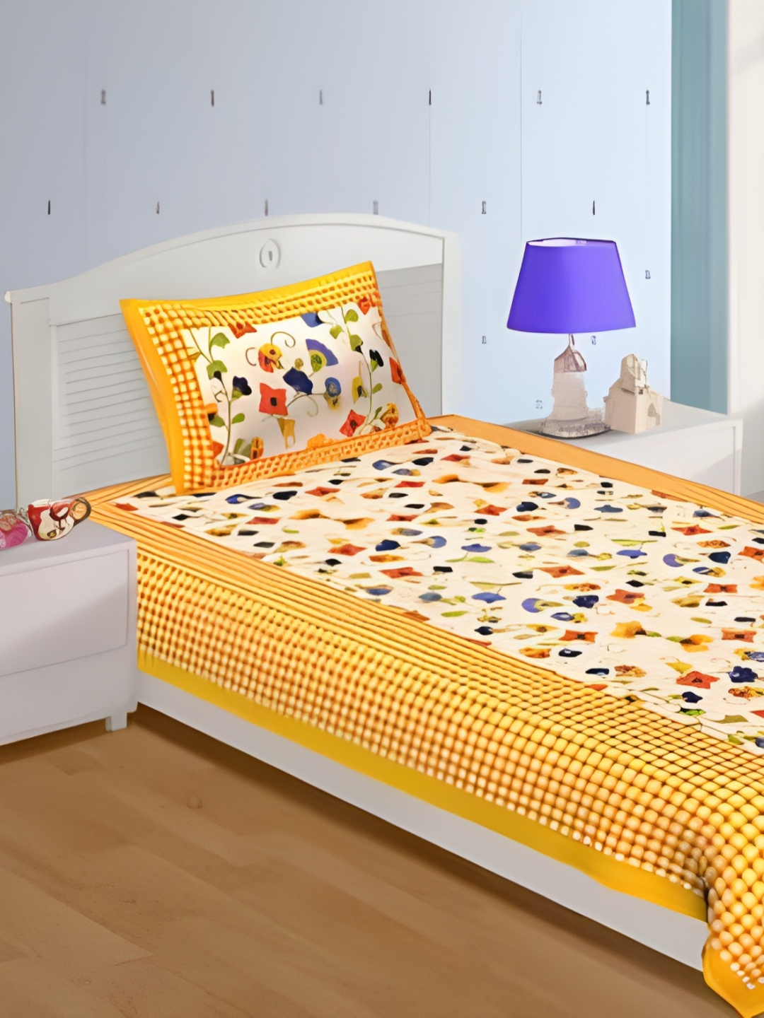 

UBANIA COLLECTION Yellow Floral Cotton 144 TC Single Bedsheet with Pillow Cover