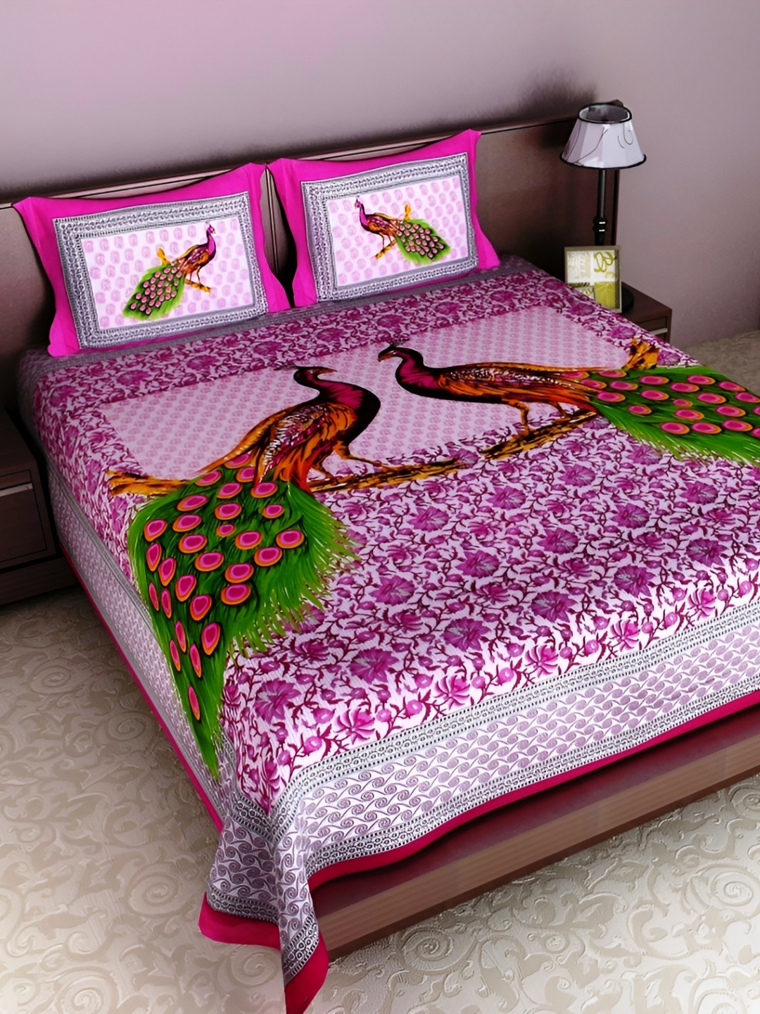

UBANIA COLLECTION Purple & Green Printed Cotton 144 TC Queen Bedsheet With 2 Pillow Covers