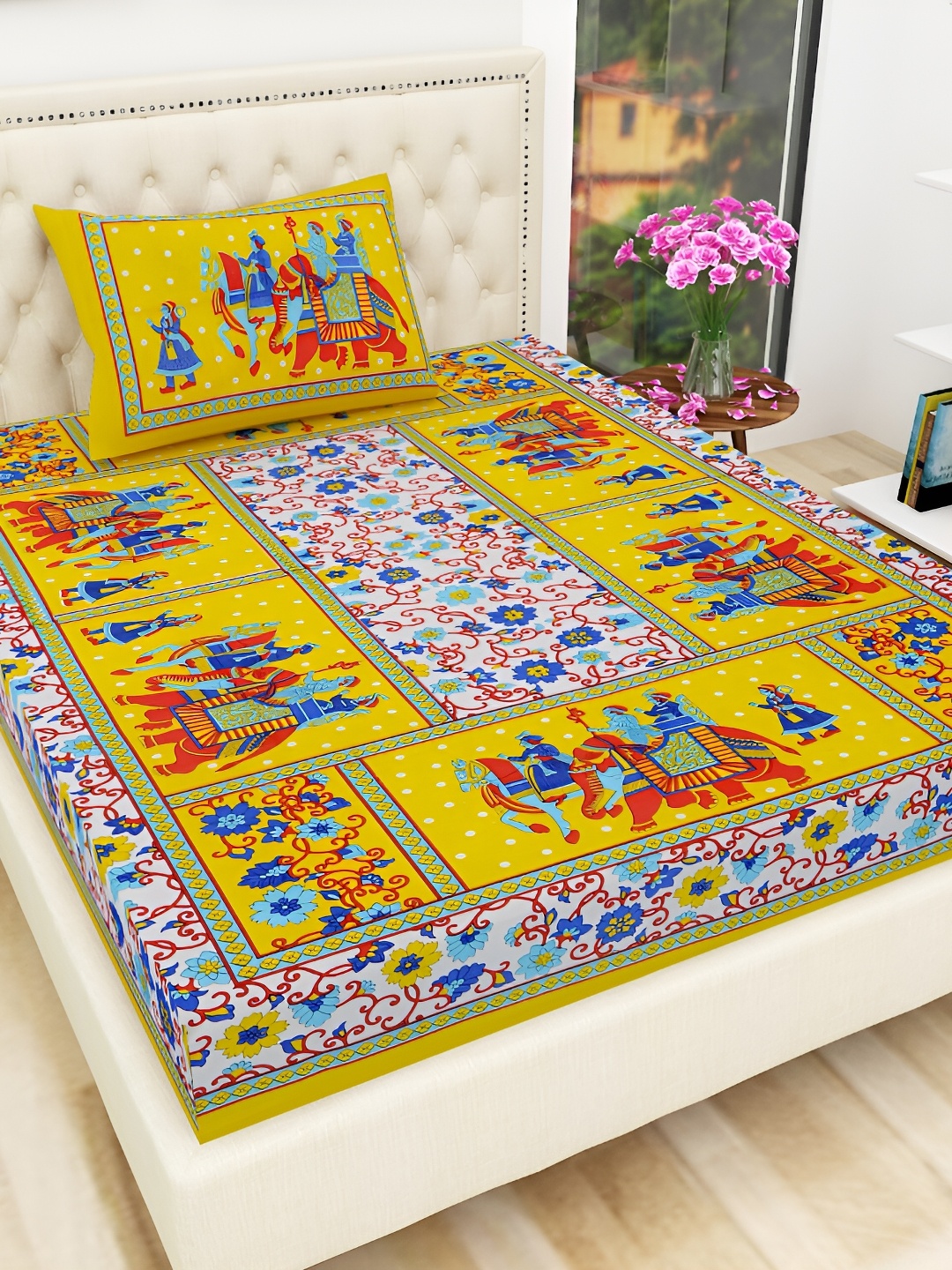 

UBANIA COLLECTION Yellow & Red Printed Cotton 144 TC Single Bedsheet With 1 Pillow Cover