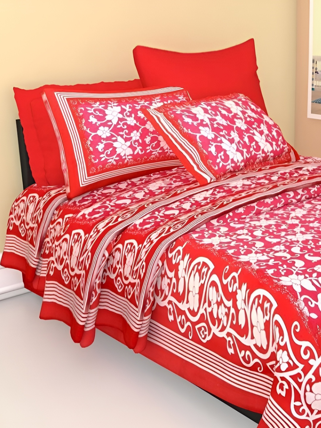 

UBANIA COLLECTION Red & Pink Printed Cotton 144 TC Single Bedsheet With Pillow Cover