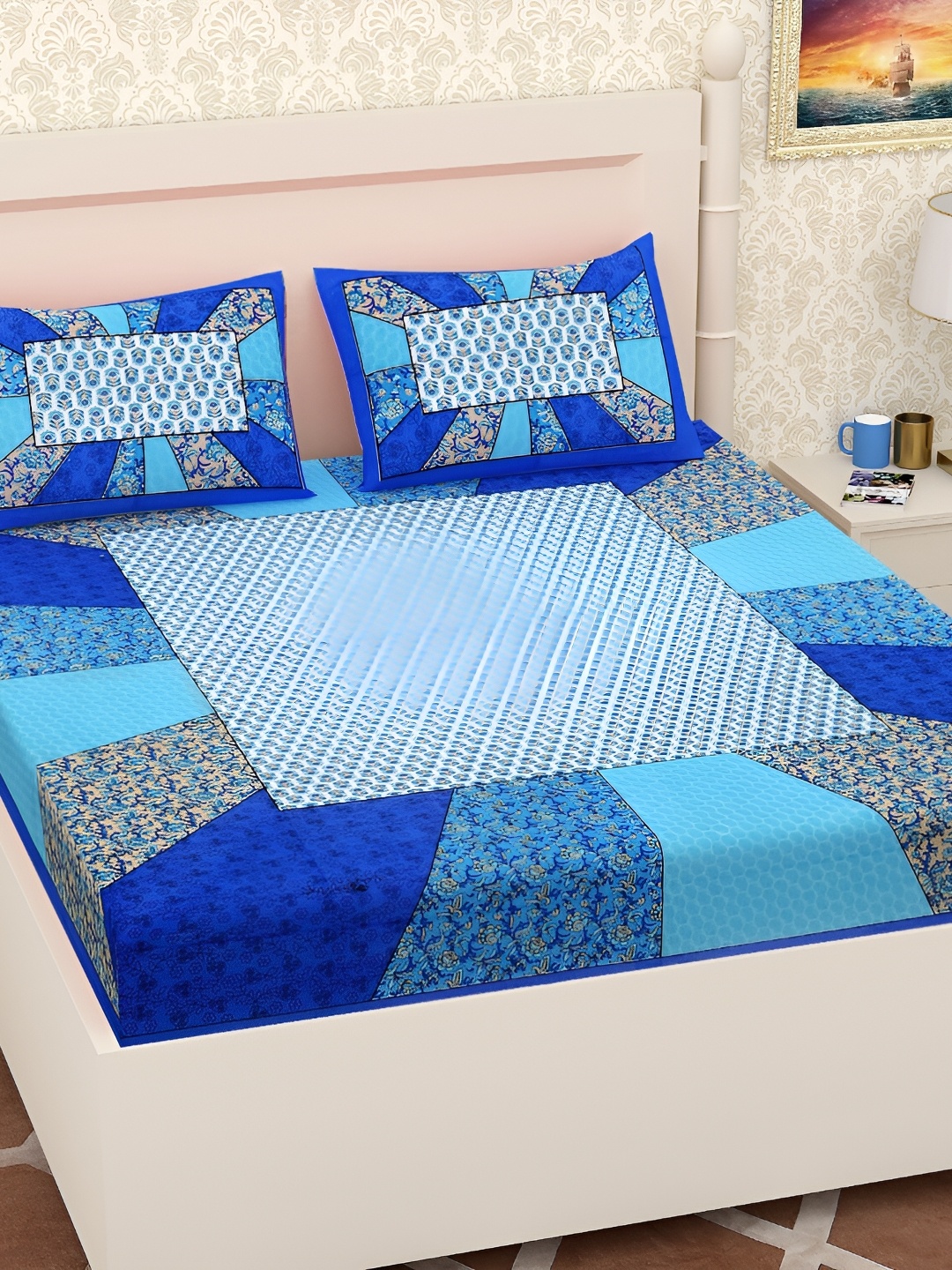 

UBANIA COLLECTION Blue Geometric Cotton 144 TC Queen Bedsheet with 2 Pillow Covers