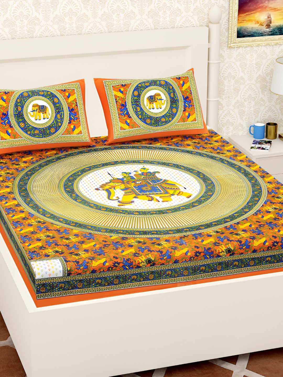 

UBANIA COLLECTION Orange Ethnic Motifs 144 TC Queen Bedsheet Set