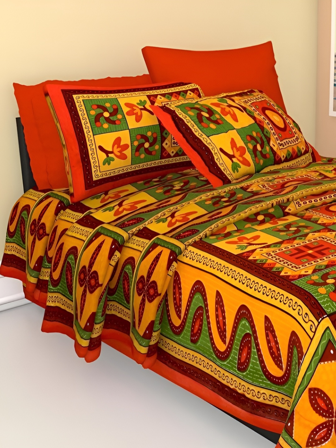 

UBANIA COLLECTION Orange Ethnic Motifs 144 TC Single Bedsheet Set
